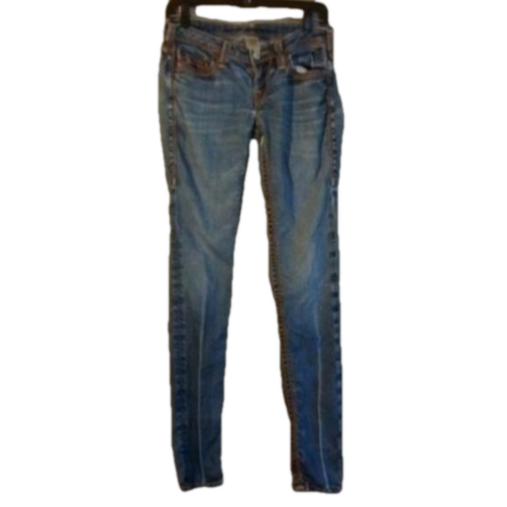 True Religion size 27 retroish stitched skinny jeans. Some wear near pockets.
